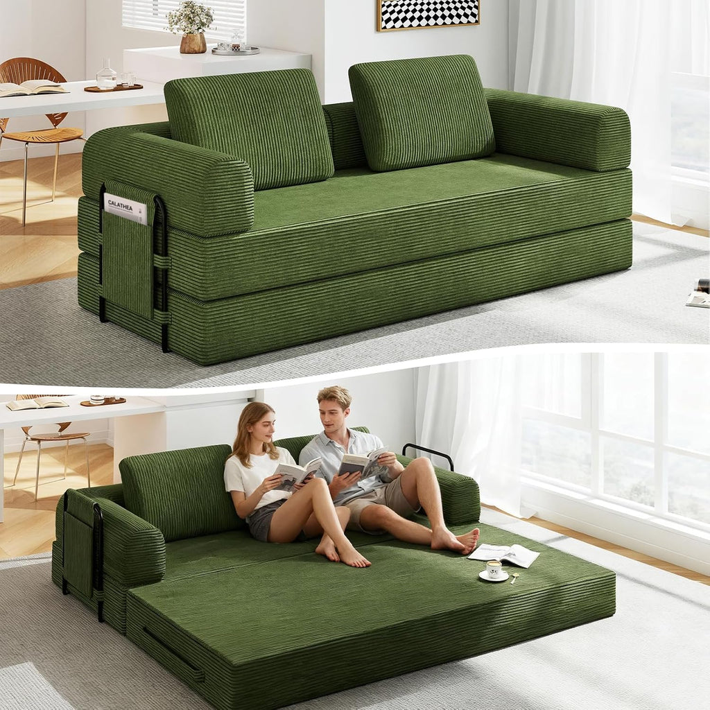 78'' Sleeper Couch Bed for Living Room, Convertible Modular Sofa with Fixed Frame and Side Pocket, Corduroy Futon Boneless Couches in a Box, No Assembly, Green