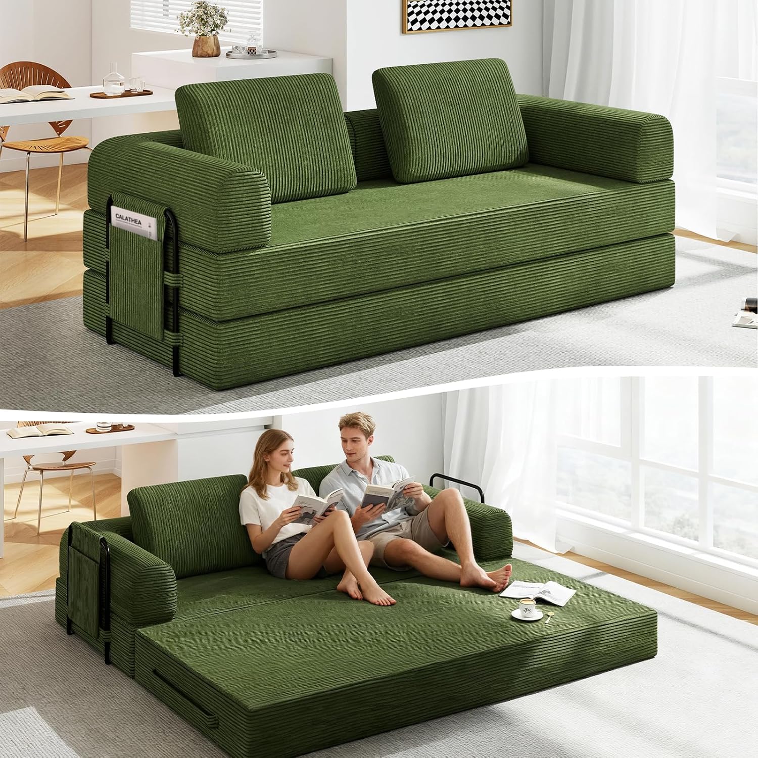 78'' Sleeper Couch Bed for Living Room, Convertible Modular Sofa with Fixed Frame and Side Pocket, Corduroy Futon Boneless Couches in a Box, No Assembly, Green