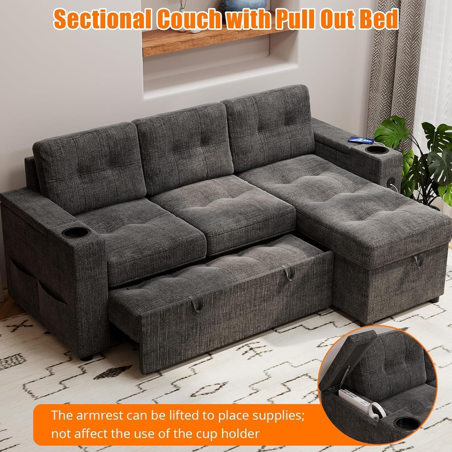IDEALHOUSE Sofa Bed, 84 Inch Sleeper Sofa with Pull Out Bed and Charging Ports, L Shaped Couches for Living Room with 2 Storage Armrests and 2 Cup Holders, Dark Grey