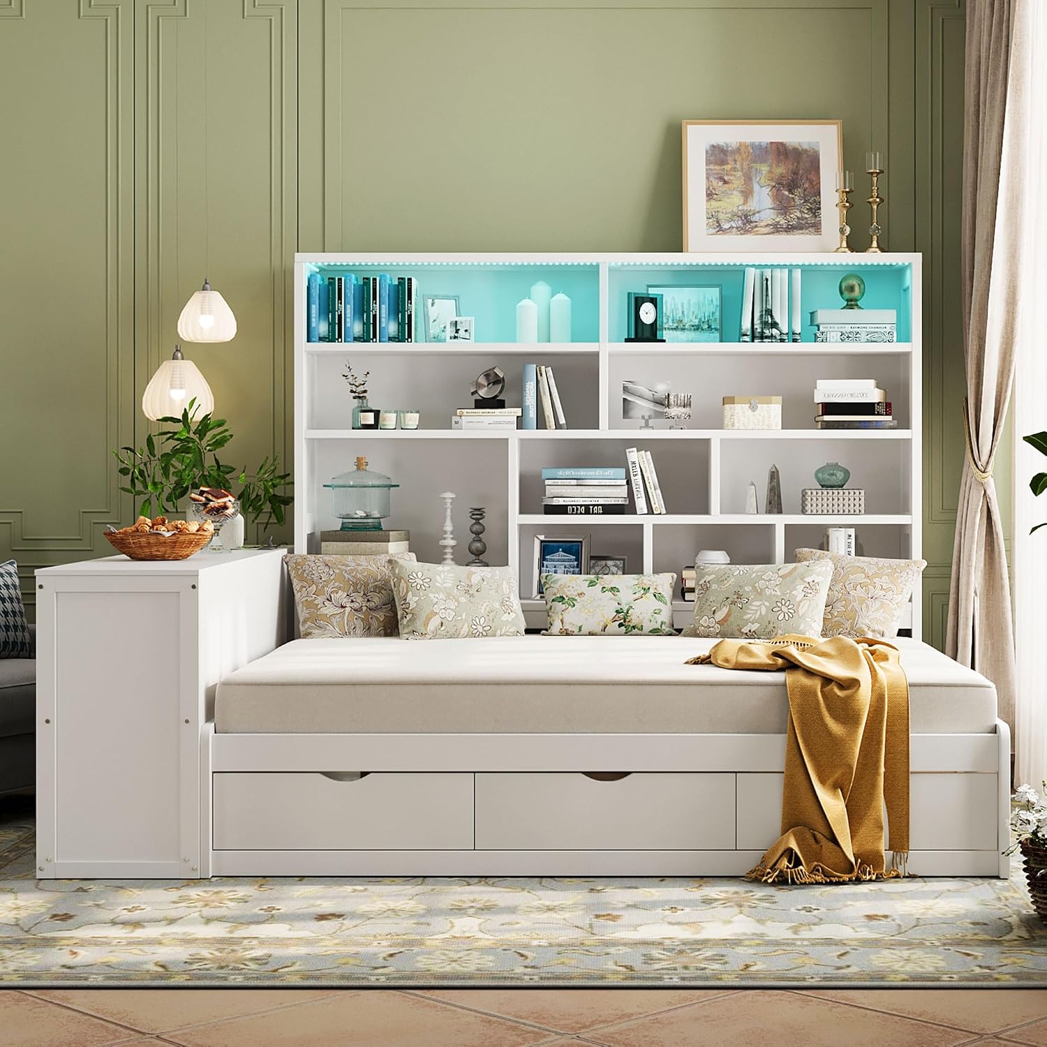 LUMISOL Corner Full Bed Frame with Storage Drawers, Built-in Desk with USB Ports & Shelves, Wooden Daybed Sofa Bed with LED Bookcase for Bedroom Living Room, White
