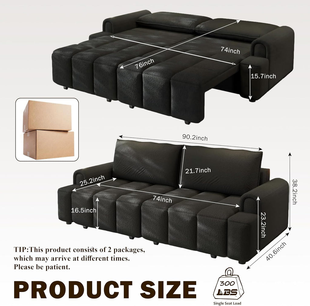 KEIKI 90.2' Modern 3-in-1 Sleeper Sofa Bed – Teddy Fabric 4-Seater Couch with Storage, King Size Convertible Sofa for Office, Guest Room, Home Workspace, Reclining Sofa Bed with Casters
