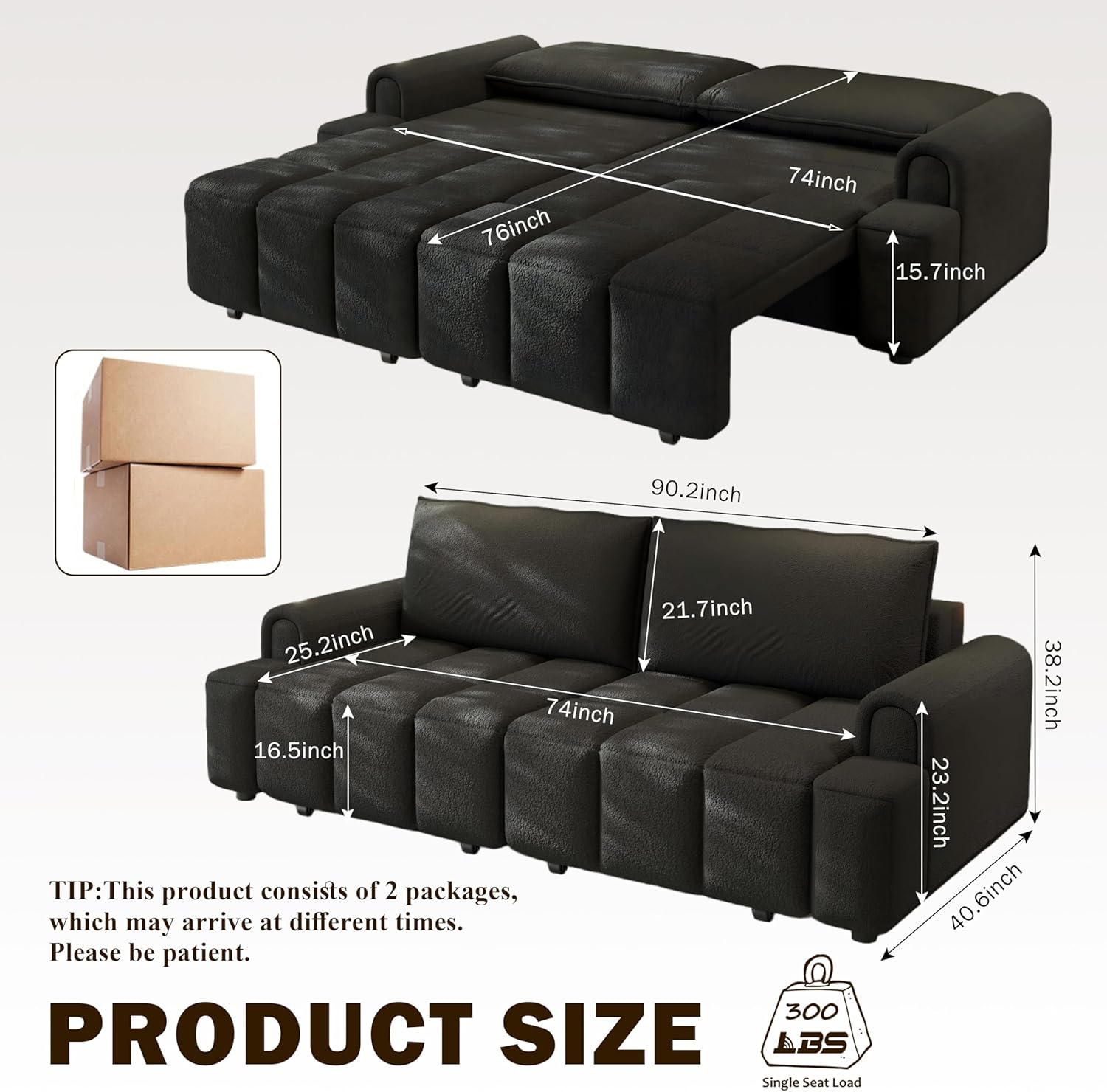 KEIKI 90.2' Modern 3-in-1 Sleeper Sofa Bed – Teddy Fabric 4-Seater Couch with Storage, King Size Convertible Sofa for Office, Guest Room, Home Workspace, Reclining Sofa Bed with Casters