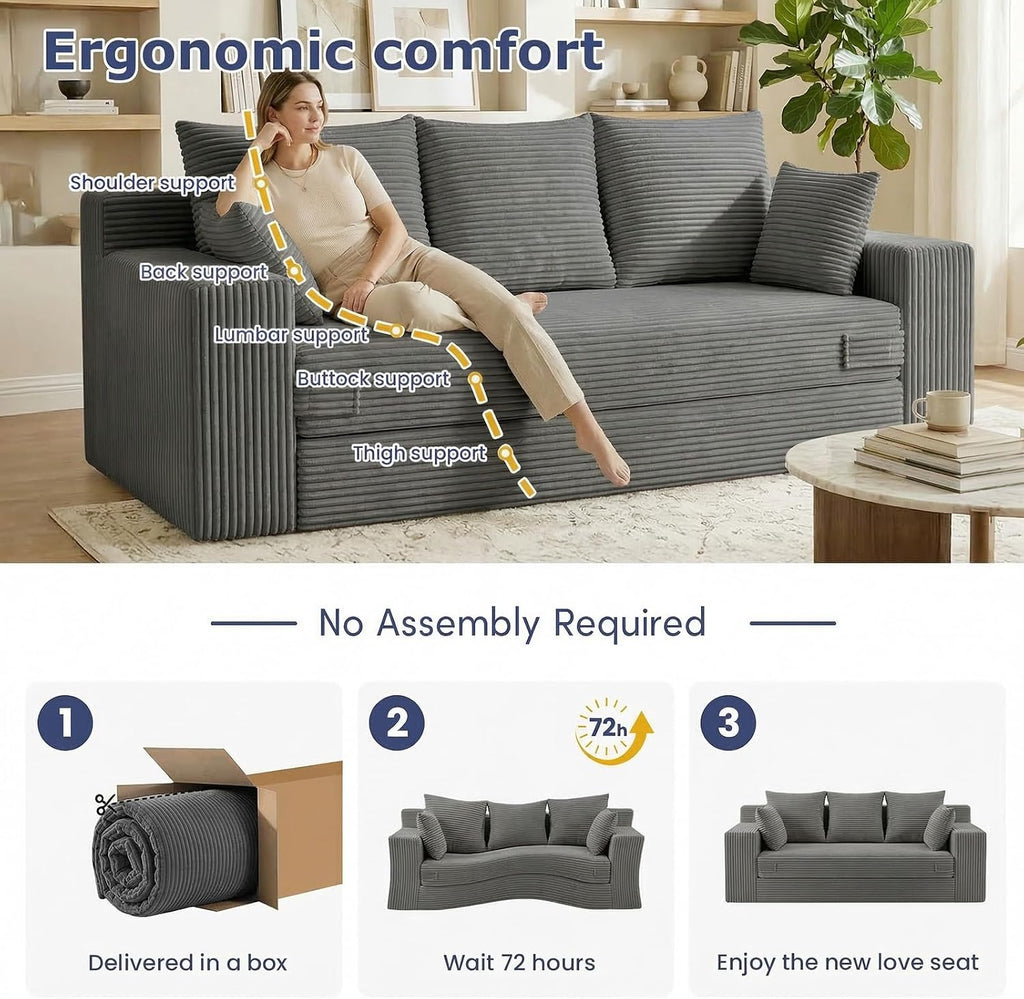 Boneless Couch for Living Room, 3 Seater Convertible Futon Sofa Bed Comfy Pull Out Couch with 5 Pillows & Detachable Washable Cover, Upholstered Floor Sofa in A Box, No Assembly Required, Grey