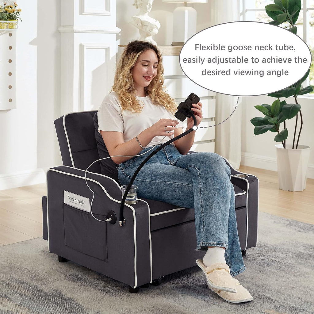 Convertible Armchair Sofa Bed with USB Port & Phone Holder, Pull-Out Single Chair Bed Sleeper for Small Spaces, Modern Upholstered Recliner Chair (Grey)