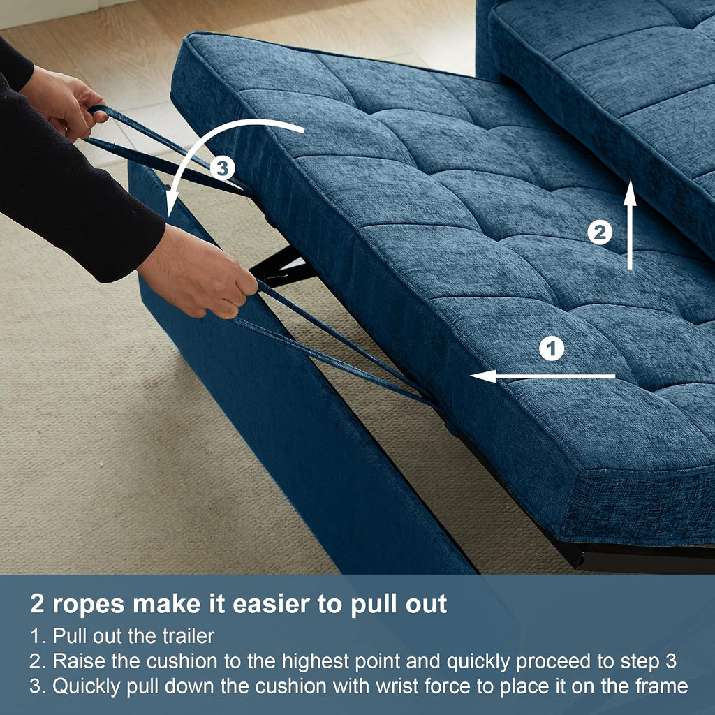 Tbfit 57' Love Seat Sleeper Bed, Convertible Pull Out Couch Bed, Chenille Loveseat Sofa Bed with USB & Adjustable Backrest, Full Size Pull Out Couches for Living Room, Apartment, Office, Dorm, Blue