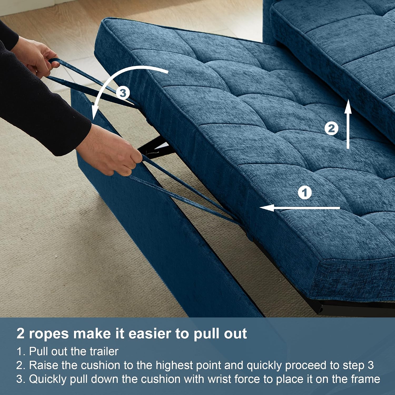 Tbfit 57' Love Seat Sleeper Bed, Convertible Pull Out Couch Bed, Chenille Loveseat Sofa Bed with USB & Adjustable Backrest, Full Size Pull Out Couches for Living Room, Apartment, Office, Dorm, Blue