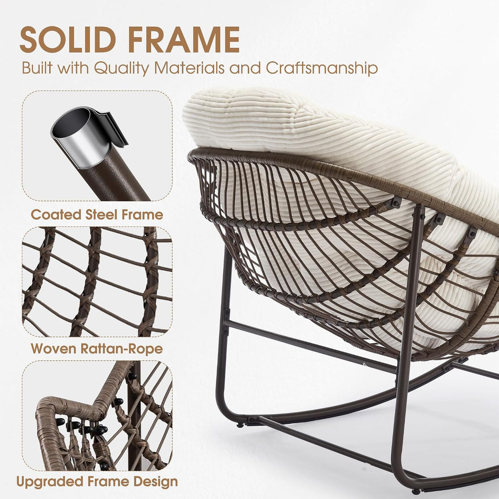 Oversized Papasan Rocking Chair - Outdoor Luxury Comfy Patio Chair, Indoor Egg Royal Rattan Rocking Chair with Strip Velvet Cushion for Front Porch Lounge Lawn Bedroom Living Room (White)