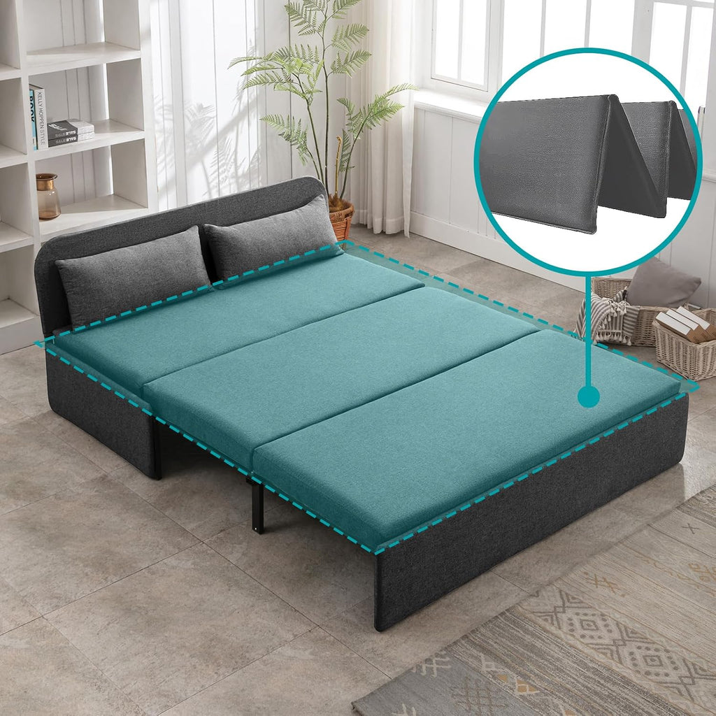 BALUS 61' Queen Sofa Bed Couch Convertible Sleeper with Pullout Beds, Folding Sofabed Guest Bed with 2 Pillows, Tri-fold Mattress Sofas Armless Loveseat for Living Room Apartment Loft - Dark Gray