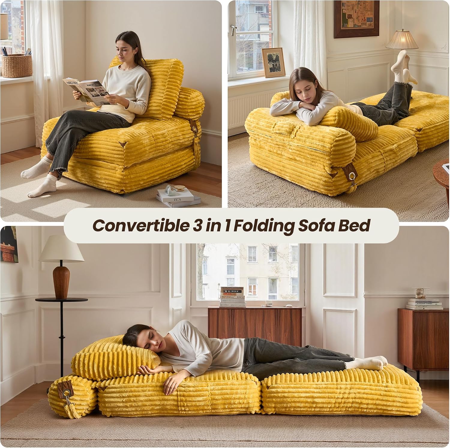 ovios Folding Sofa Bed, Foldable Sleeper Chair Floor Futon, Comfy Portable Convertible Fold Out Lounge Chairs for Living Room Bedroom, Yellow
