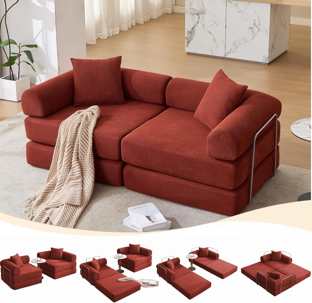 73' Convertible Modular Folding Sofa Bed, 5-in-1 DIY Combination Fold Out Sleeper Sofa Bed, Loveseat sleeper Couch with Removable Armrests, Corduroy Floor Couch, Small couches for small spaces, Red