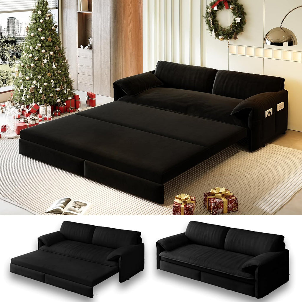 63.8' Sofa Bed Queen Size, Pull Out Couch Bed, 3-in-1 Convertible Sleeper Sofa with Side Pocket, Modern Velvet Futon Couch for Living Room, Small Space, Apartment, Bedroom, Black