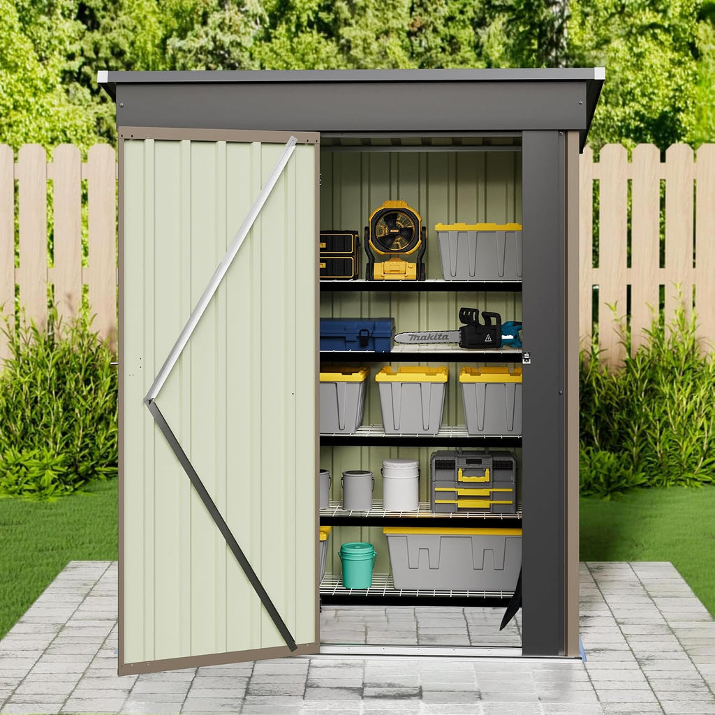 JUMMICO Metal Outdoor Storage Shed 5 x 3 FT Metal Shed with Lockable Door,Waterproof Garden Tool Shed Storage House for Backyard Patio Lawn, Brown