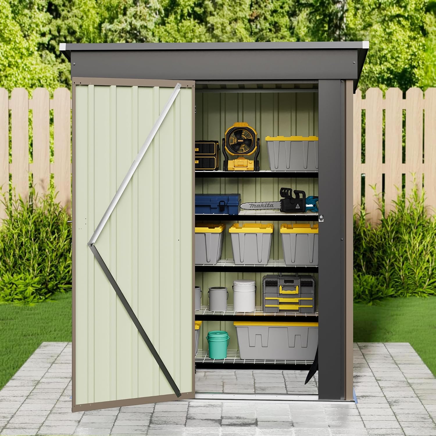 JUMMICO Metal Outdoor Storage Shed 5 x 3 FT Metal Shed with Lockable Door,Waterproof Garden Tool Shed Storage House for Backyard Patio Lawn, Brown