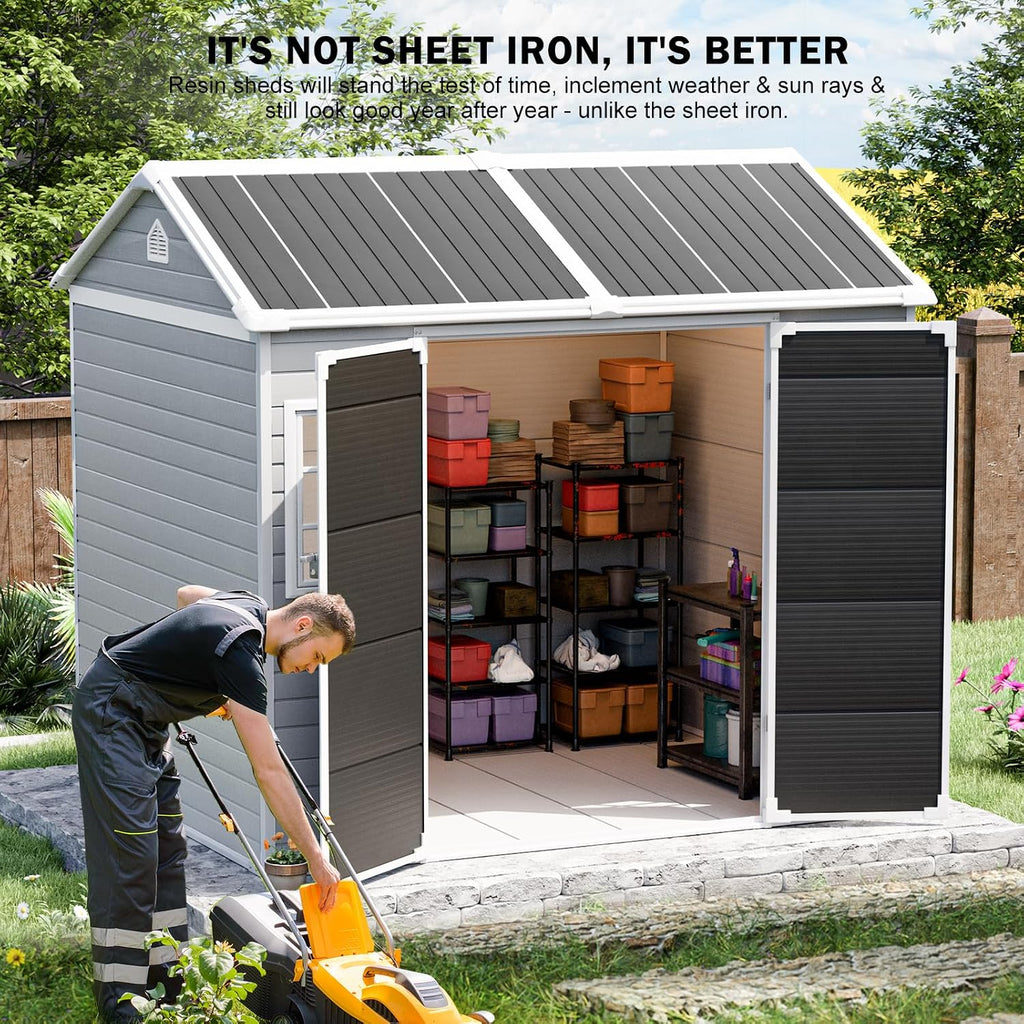 CDCASA 8x6 FT Resin Storage Shed, Large Waterproof Outside Plastic Tool Storage Sheds with Floor & Adjustable Openable Windows, Lockable Door for Backyard Patio Lawn, Dove Grey