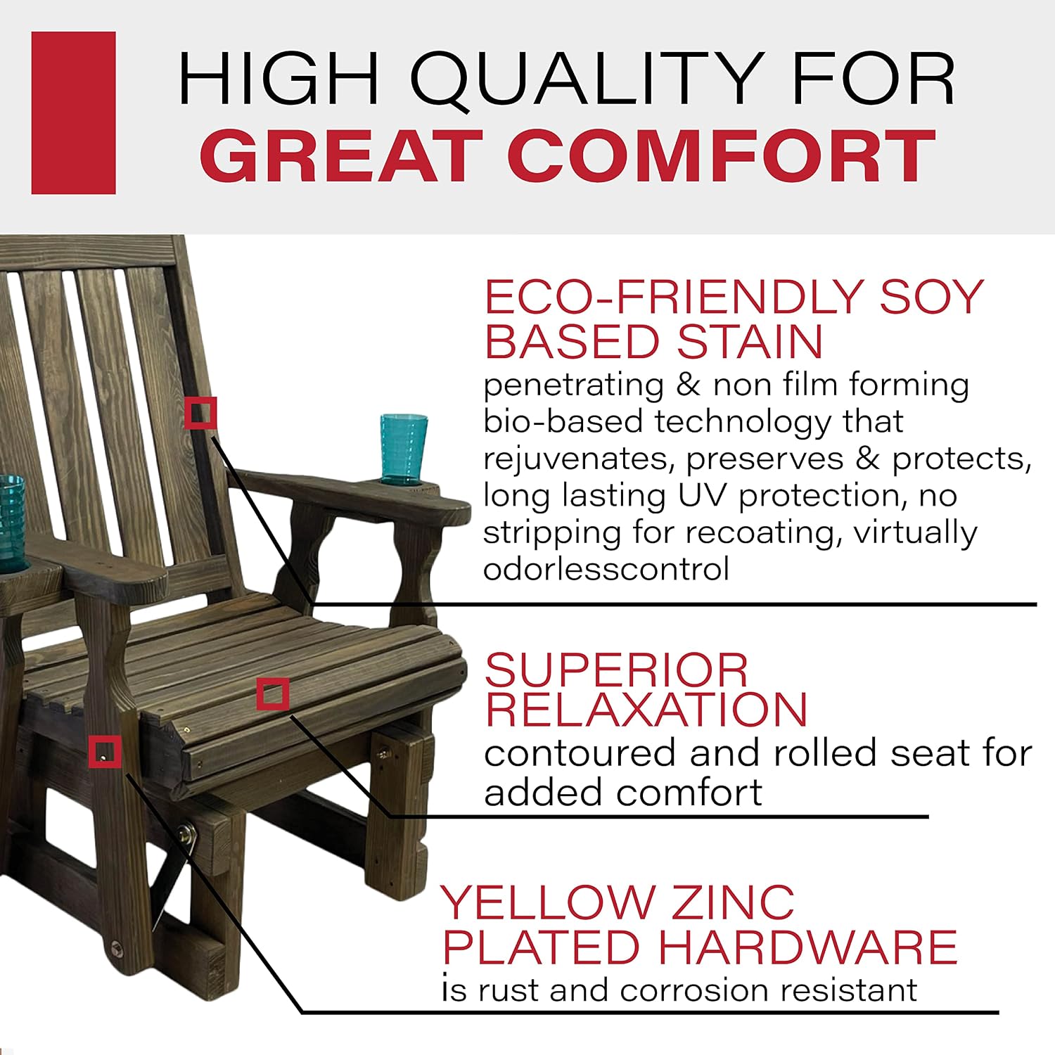 Amish Casual Heavy Duty 600 Lb Mission High Back Treated Glider Chair with Cupholders (Dark Walnut Stain)