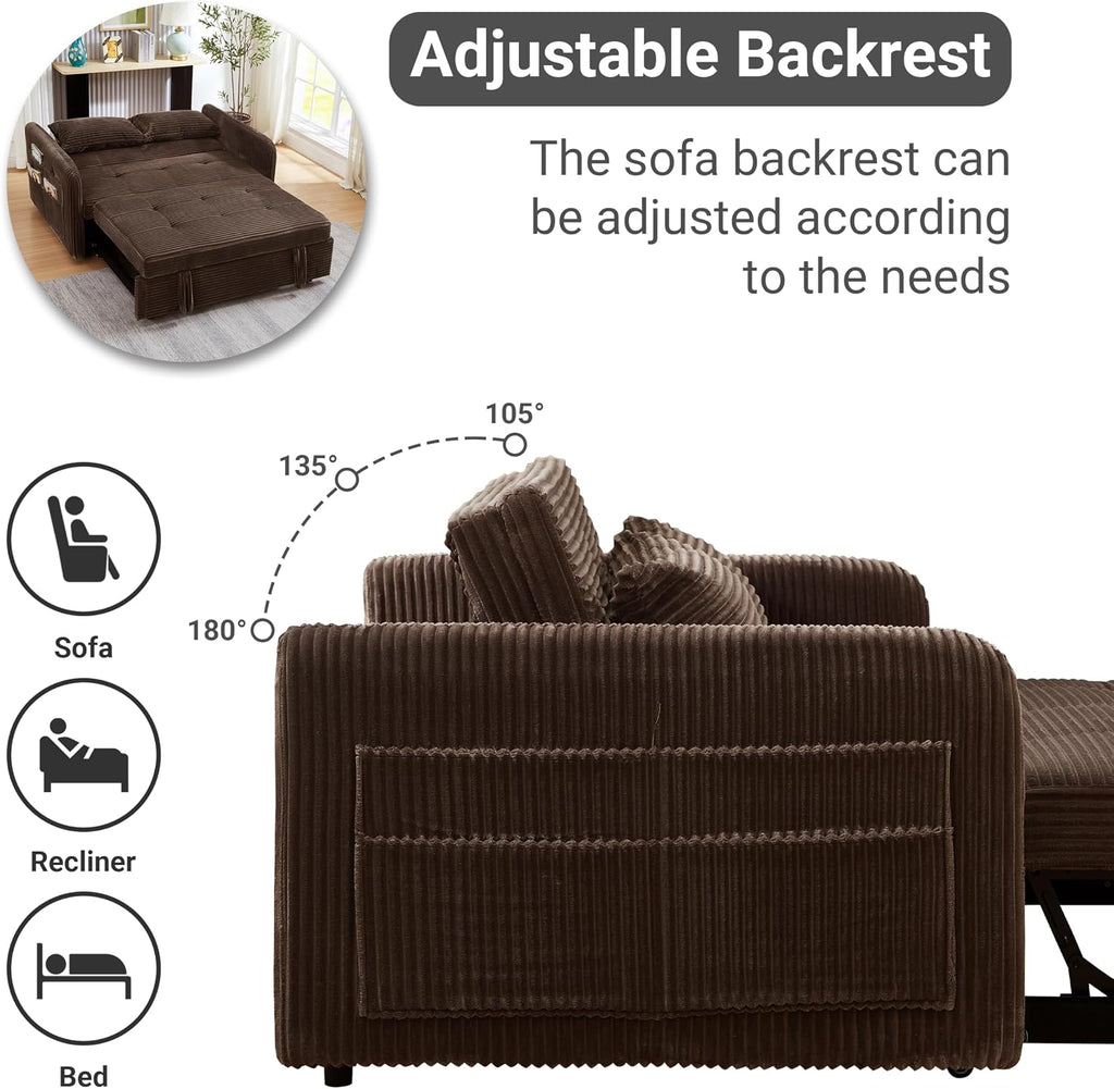 55.5' Corduroy Convertible Sofa Bed, Pull Out Sleeper Sofa Bed, Loveseat Couch with USB Charging Ports, 3 in 1 Convertible Sleeper Sofa Bed for Living Room, Apartment, Bedroom, RV, Beige