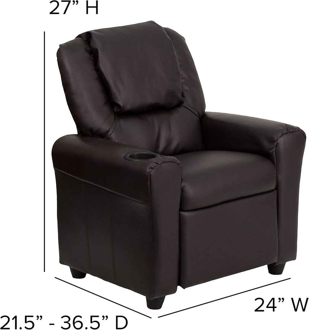EMMA + OLIVER Brown LeatherSoft Kids Recliner with Cup Holder and Headrest