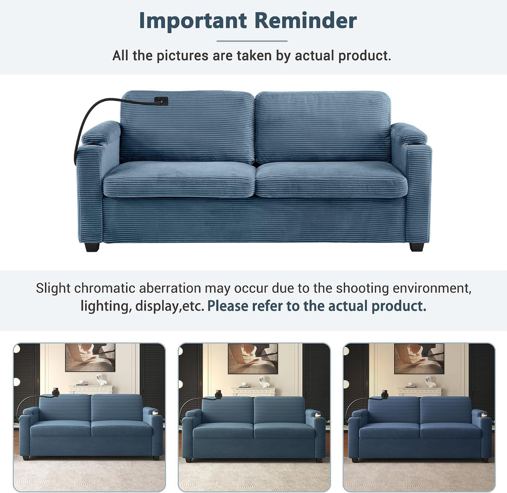 Merax Modern Corduroy Sleeper Sofa Bed with Full Size Mattress, Futon Couches with USB Ports | Phone & Cup Holders| Side Pockets,Pull Out Couch for Living Room, Small Loveseat, Navy Blue