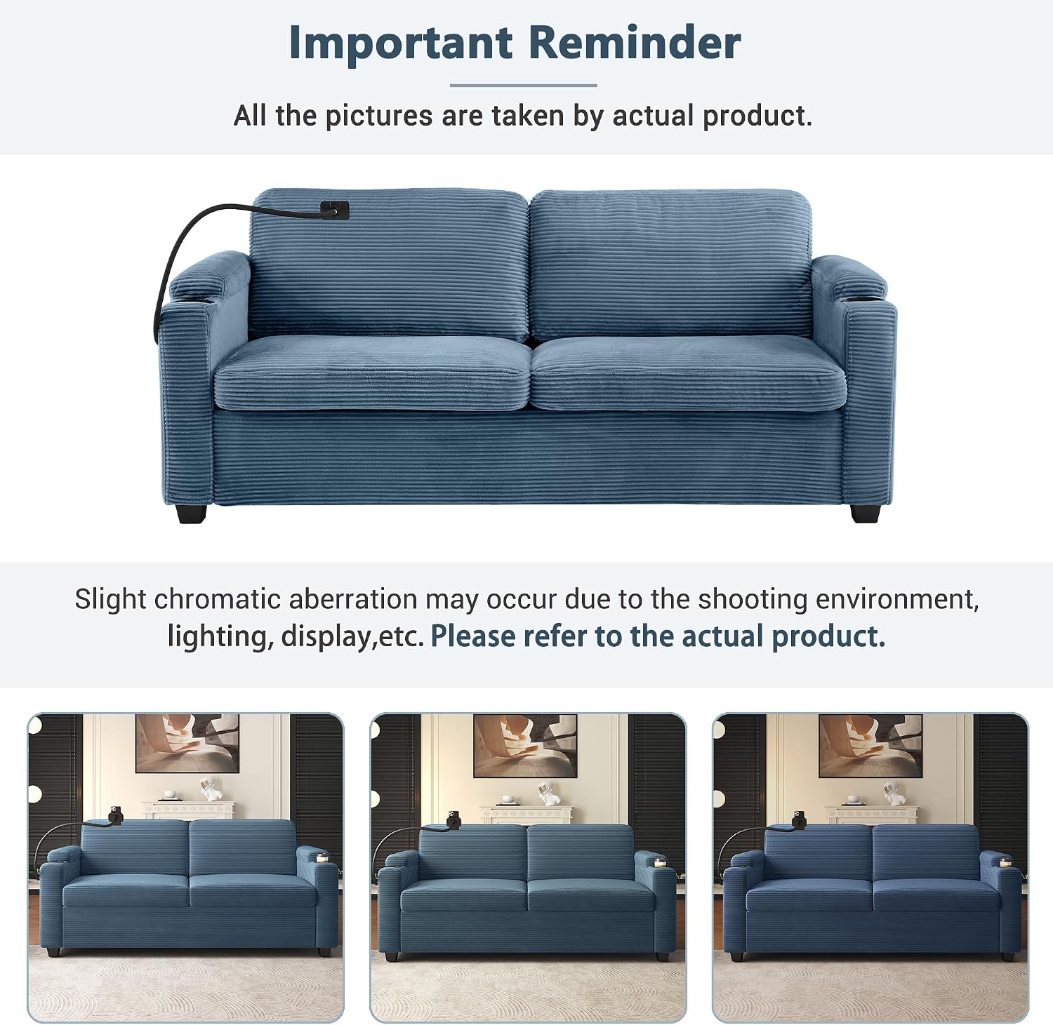 Merax Modern Corduroy Sleeper Sofa Bed with Full Size Mattress, Futon Couches with USB Ports | Phone & Cup Holders| Side Pockets,Pull Out Couch for Living Room, Small Loveseat, Navy Blue