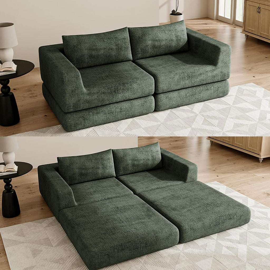 Chenille Convertible Futon Sofa Bed – Folding Iron Frame Sleeper Couch with Adjustable Backrest, Loveseat Recliner for Living Room, Apartment,(Green)