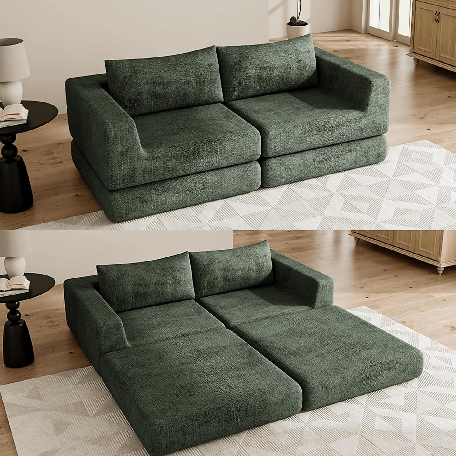Chenille Convertible Futon Sofa Bed – Folding Iron Frame Sleeper Couch with Adjustable Backrest, Loveseat Recliner for Living Room, Apartment,(Green)