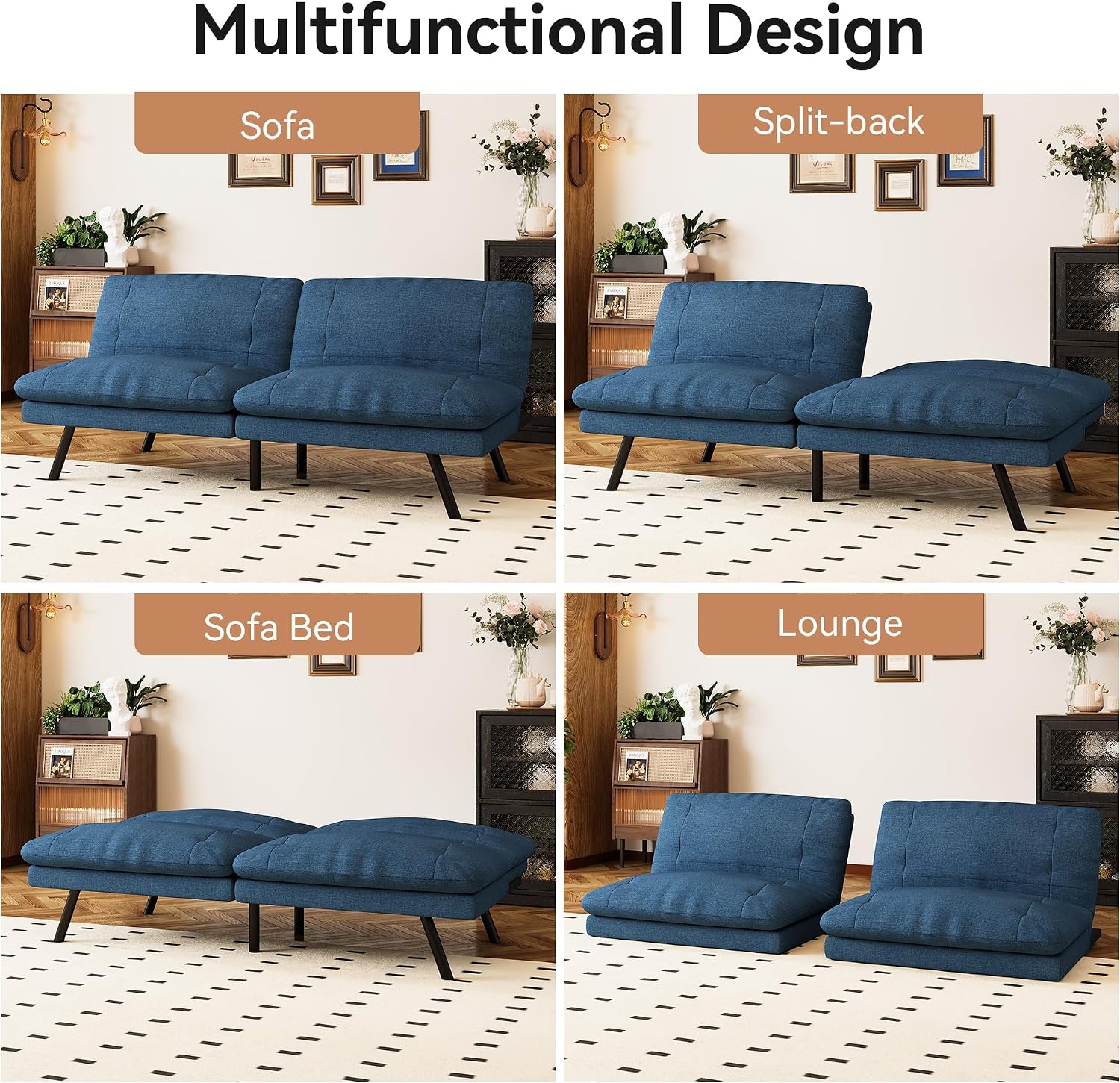 Futon Sofa Bed Convertible Couch, Blue Linen Sofa Bed with Adjustable Backrest, Multifunctional Small Loveseat Sleeper Sofa for Living Room, Apartment, Office