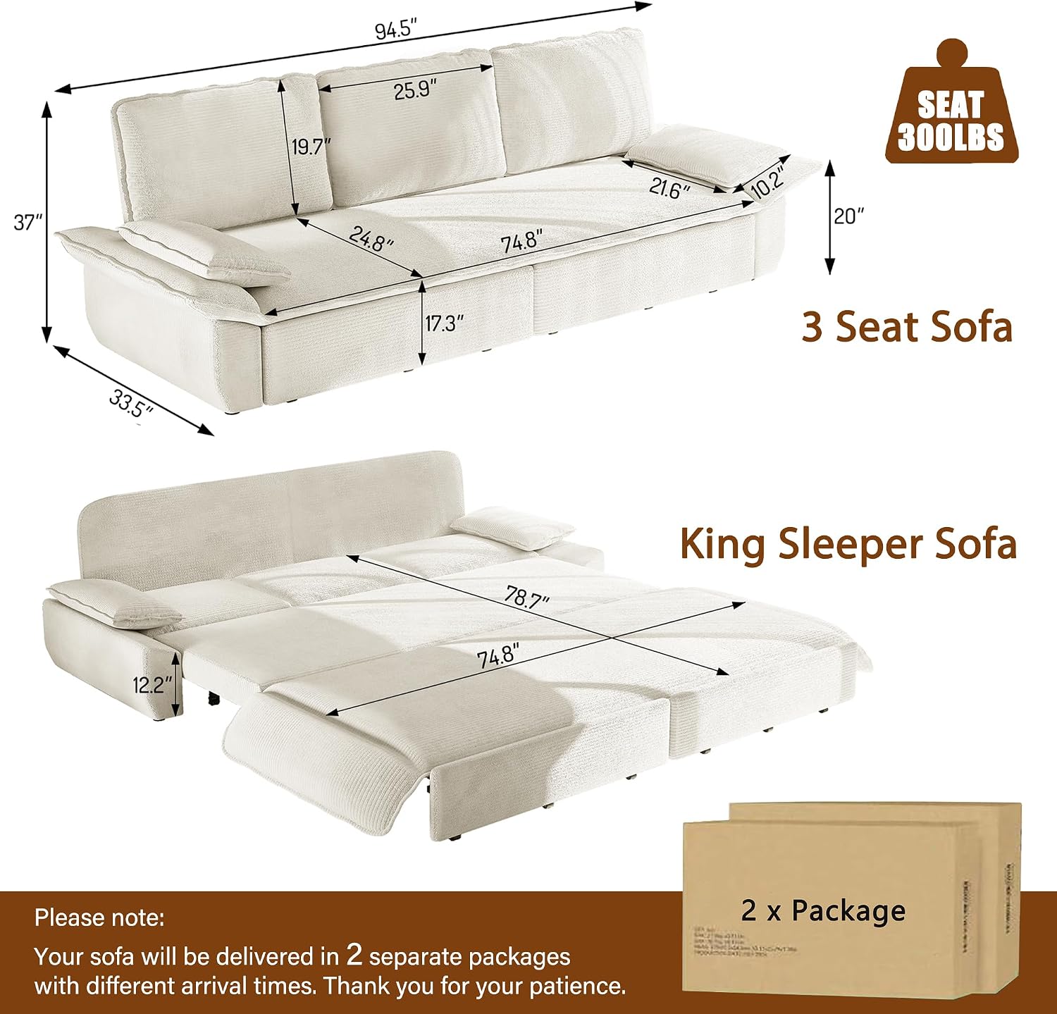 94.5' Pull Out Couch King Size, Futon Sofa Bed, 3-in-1 Convertible Sleeper Sofa Bed with Cushion Armrest, Modern Corduroy Loveseat Couches for Living Room, Small Space, Apartment, Beige