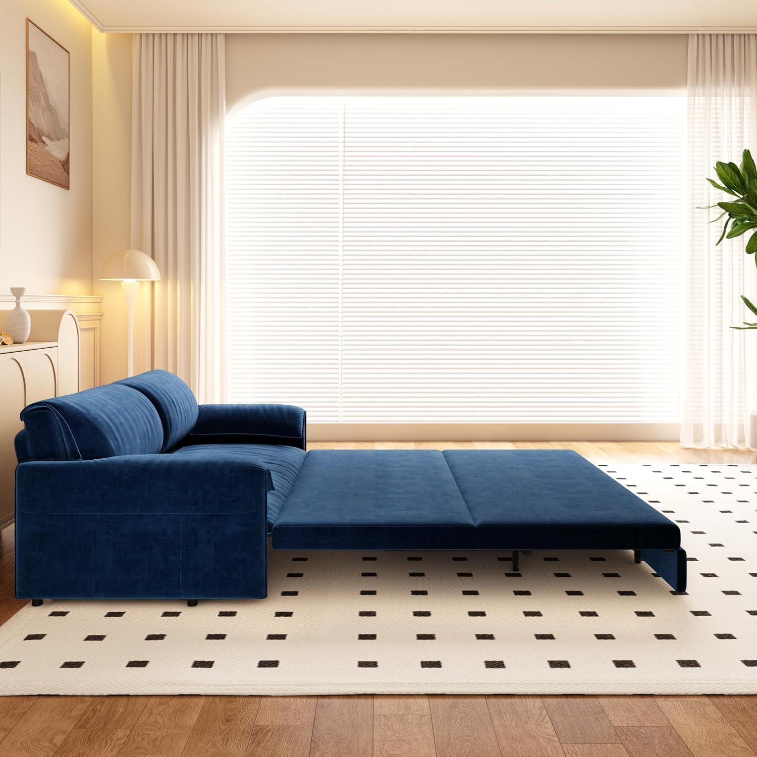 66' Sleeper Sofa Bed Queen Size, 3-in-1 Convertible Couch, Modern Pull Out Couches, Comfy Velvet Futon Sofa, Cloud Loveseat Lounge, Pillow Arm, for Small Spaces, Living Room, Apartment, Blue