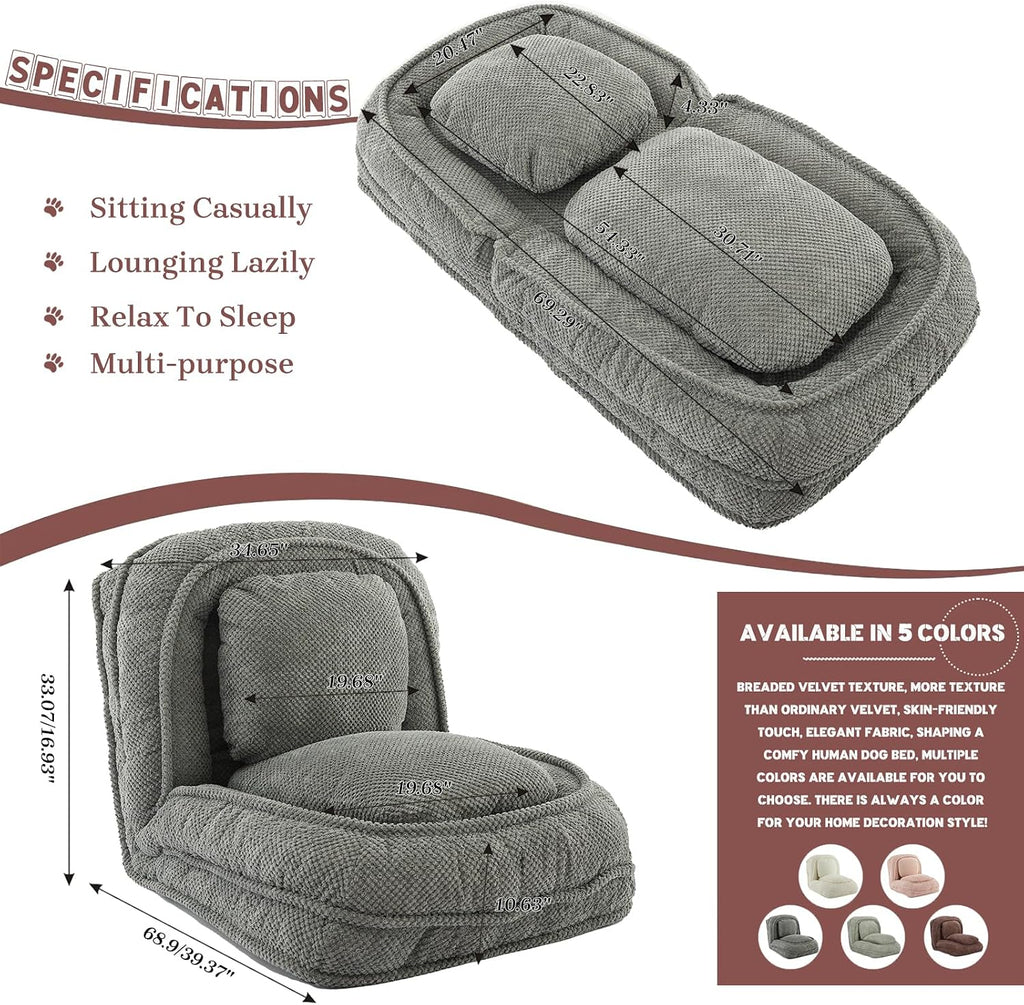 Upholstered Human Dog Bed for Adult & Pets, Convertible Lazy Sofa Bed with 5 Adjustable Position, Comfy Tatami Bean Bag Lounge Chair with 2 Soft Pillows for Bedroom Living Room Office (Gray)