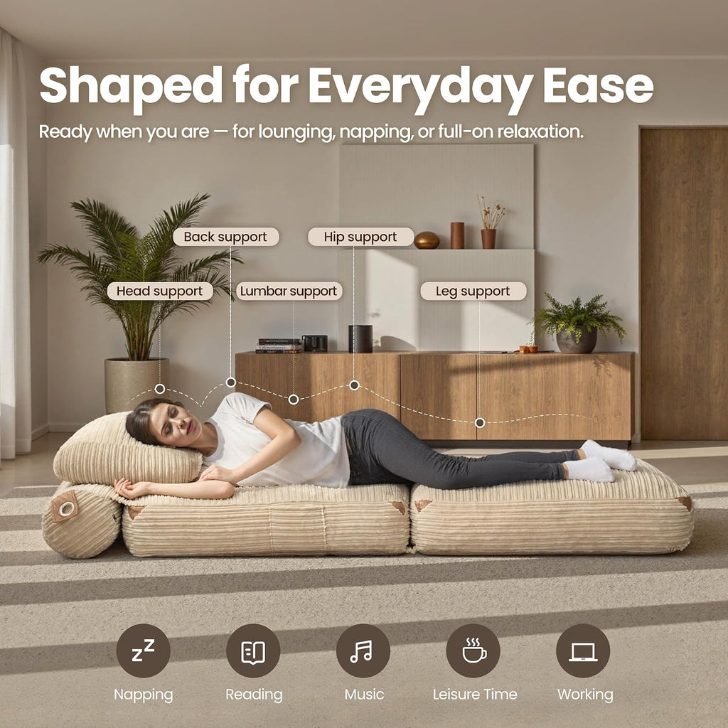 ovios Folding Sofa Bed, Foldable Sleeper Chair Floor Futon, Comfy Portable Convertible Fold Out Lounge Chairs for Living Room Bedroom, Beige