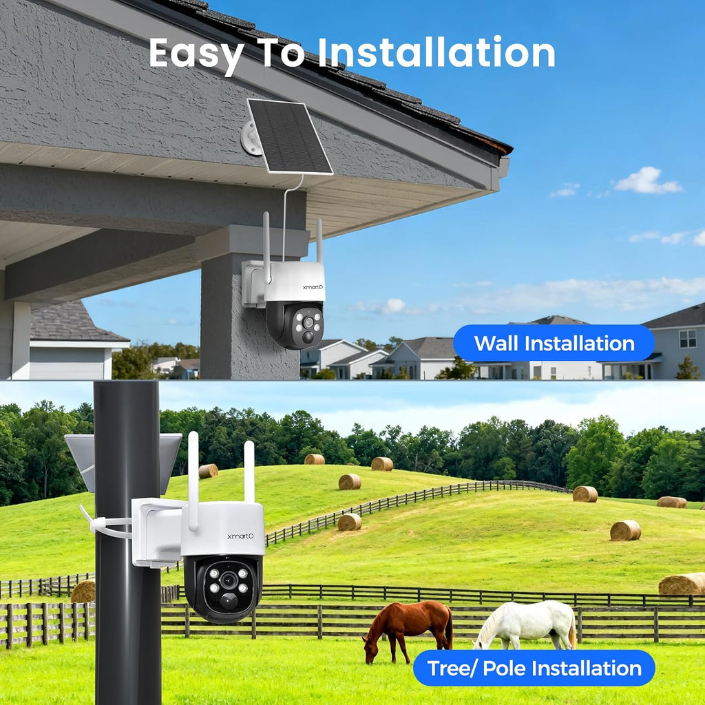 xmartO Solar Camera Outdoor Wireless, 4 PCs QHD 4MP Wireless PTZ Security Camera System with 4K 10CH Expandable WiFi NVR, All-Weather Solar Charge, Two-Way Audio, PIR Sensor, No Monthly Fee, 500GB