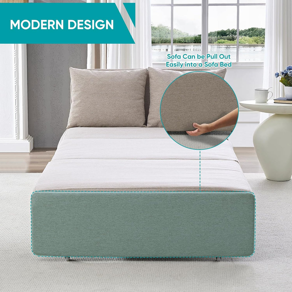 BALUS 43' W Twin Size Pull Out Sleeper Sofa Bed Couch with Pullout Beds, 2 in 1 Convertible Linen Sleepers Single Sofas Chair with Pillows and Foldable Mattress for Small Space Apartment Loft, Beige