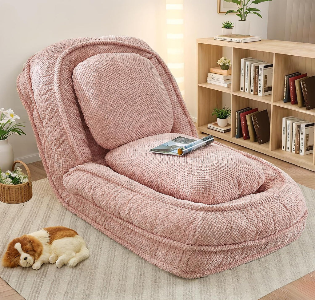 Upholstered Human Dog Bed for Adult & Pets, Convertible Lazy Sofa Bed with 5 Adjustable Position, Comfy Tatami Bean Bag Lounge Chair with 2 Soft Pillows for Bedroom Living Room Office (Pink)