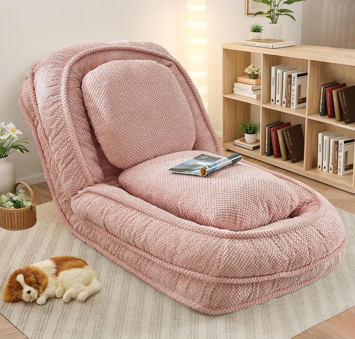 Upholstered Human Dog Bed for Adult & Pets, Convertible Lazy Sofa Bed with 5 Adjustable Position, Comfy Tatami Bean Bag Lounge Chair with 2 Soft Pillows for Bedroom Living Room Office (Pink)