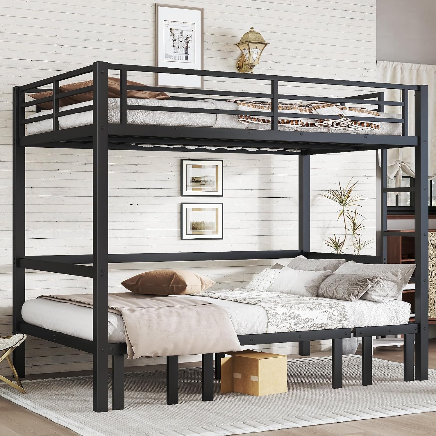Full Over Full Bunk Bed for Adults, Heavy Duty Bunk Bed can Turns into Full Size Loft Bed with U-Shaped Sofa, Adults Bunk Bed with Safety Rails and Side Ladder, Black(Not Include Cushion)