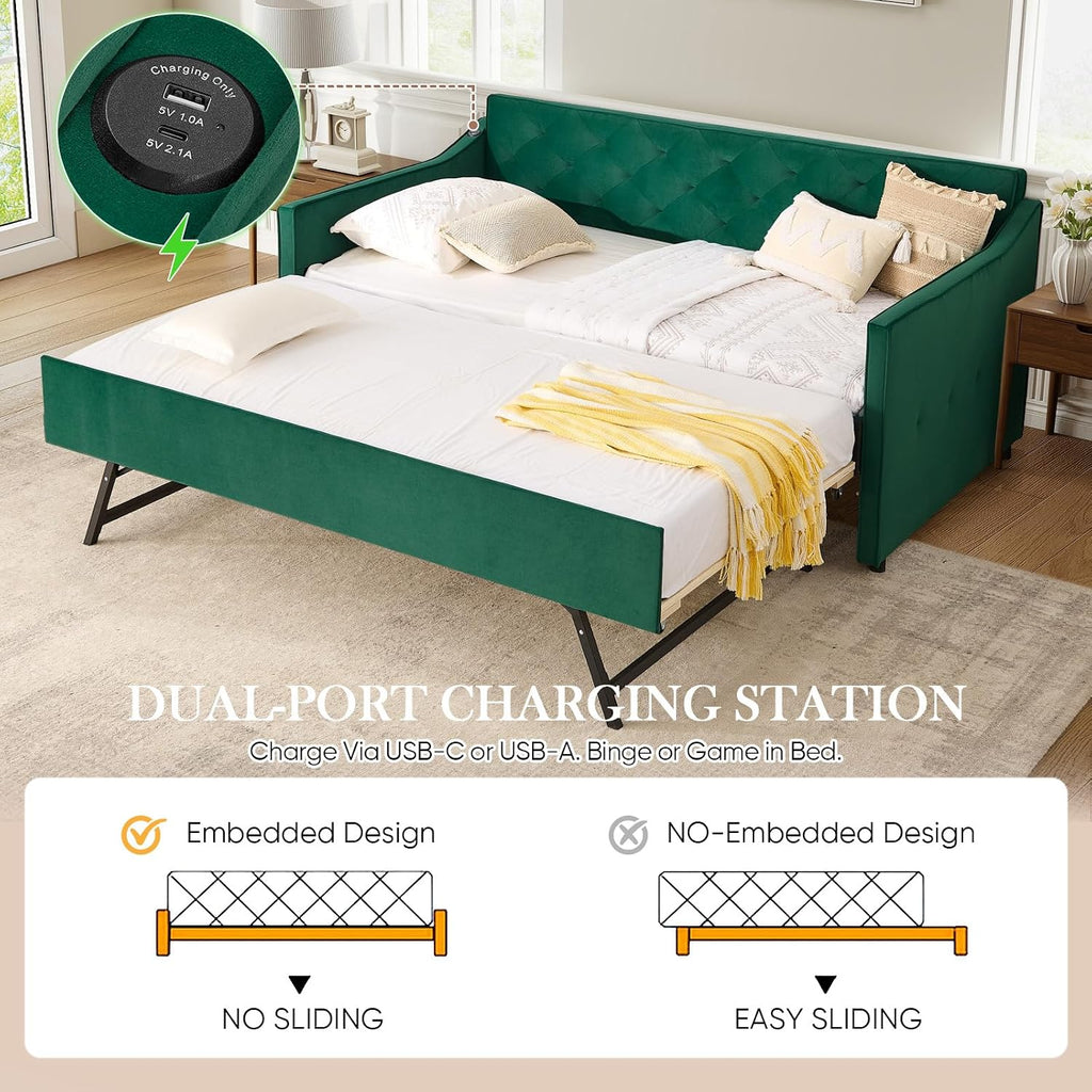 Antetek Daybed with Pop up Trundle, Fabric Upholstered Twin Size Day Bed Pull-Point Sofa Daybed Frame w/Twin Roll-Out Trundle/USB Port, Furniture for Bedroom, Living Room, Guest Room, Green