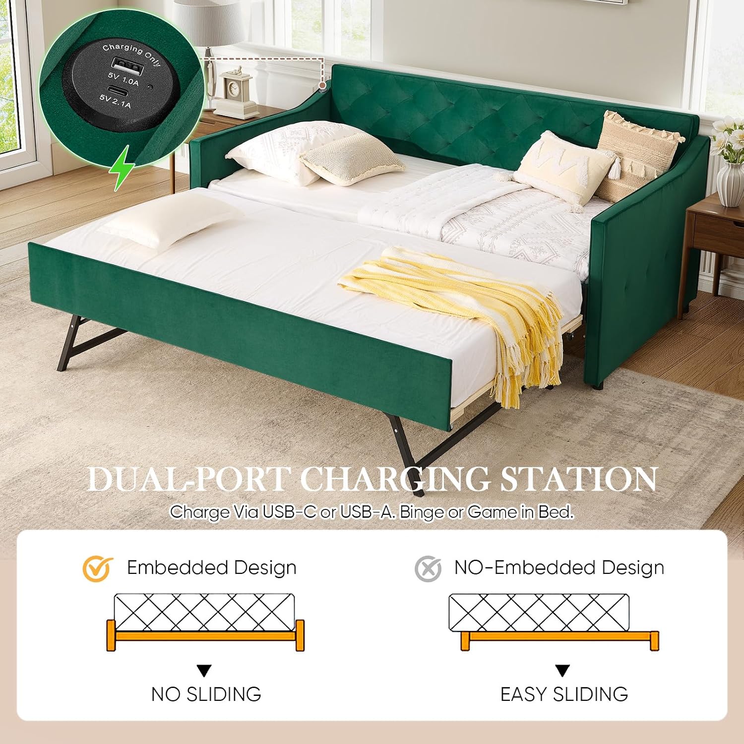 Antetek Daybed with Pop up Trundle, Fabric Upholstered Twin Size Day Bed Pull-Point Sofa Daybed Frame w/Twin Roll-Out Trundle/USB Port, Furniture for Bedroom, Living Room, Guest Room, Green