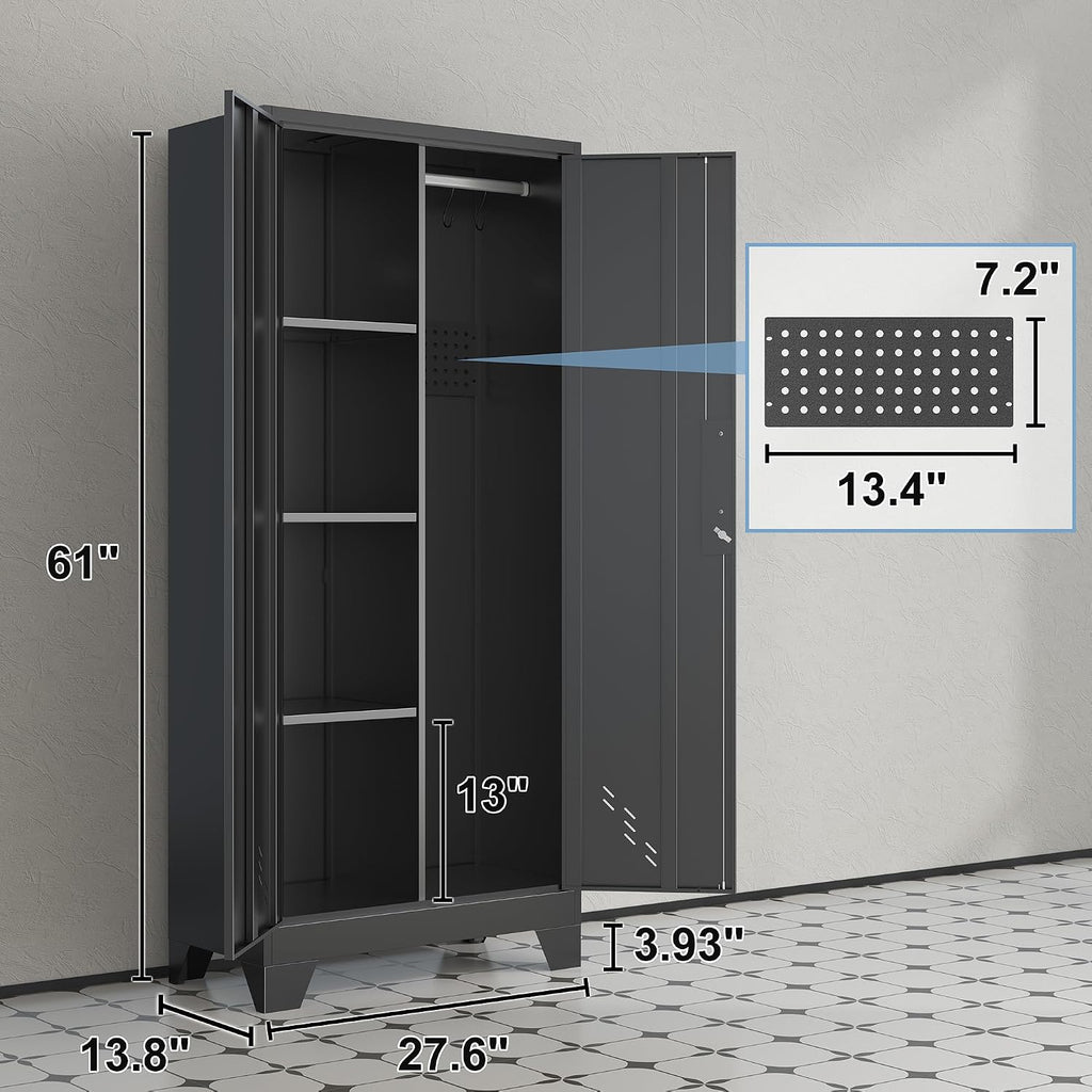 61' Metal Storage Cabinet with Lockable Doors, Cleaning Supply Cabinet with Pegboard and Hanging Rod. Garage Tool Storage Cabinets for Home, Laundry, Office, Home Kitchen Utility Cabinet