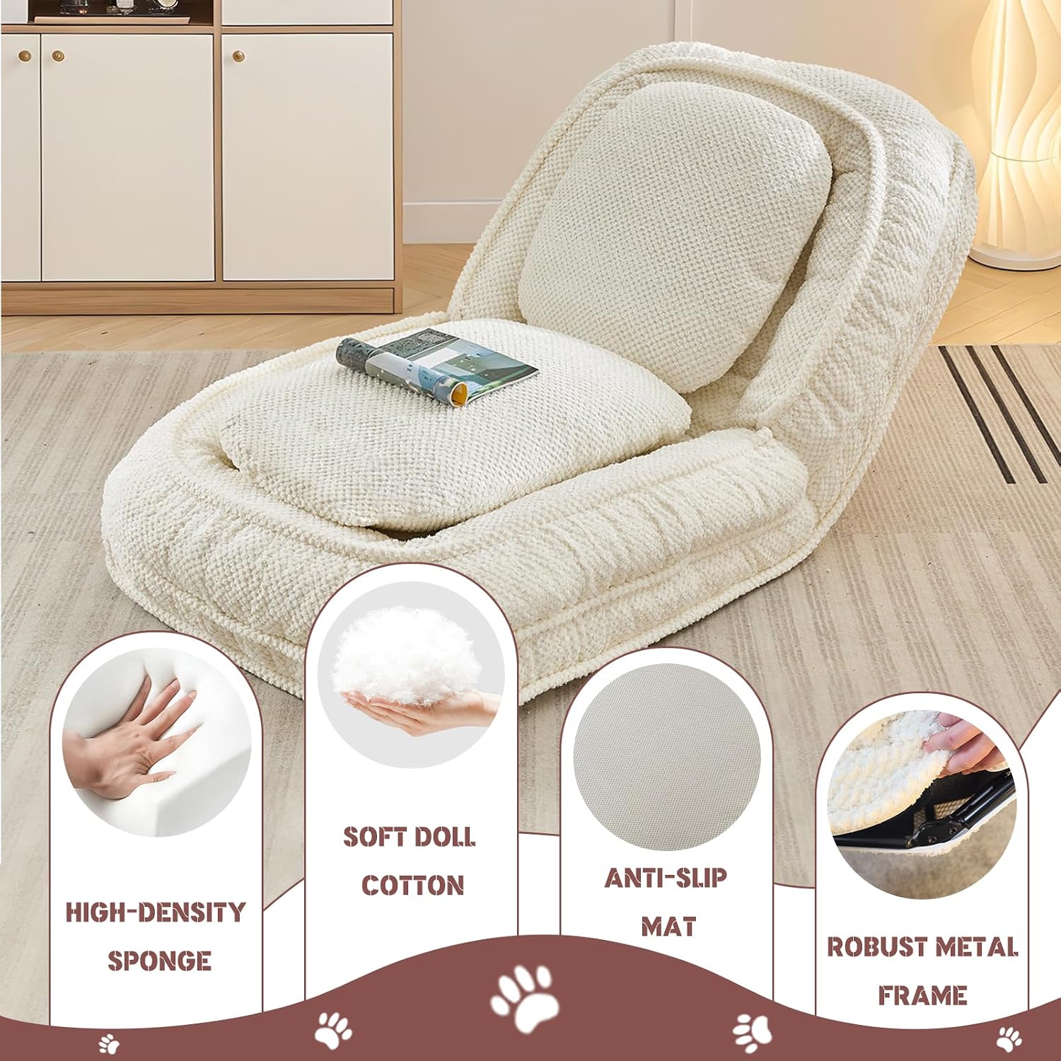 Upholstered Human Dog Bed for Adult & Pets, Convertible Lazy Sofa Bed with 5 Adjustable Position, Comfy Tatami Bean Bag Lounge Chair with 2 Soft Pillows for Bedroom Living Room Office (Ivory)