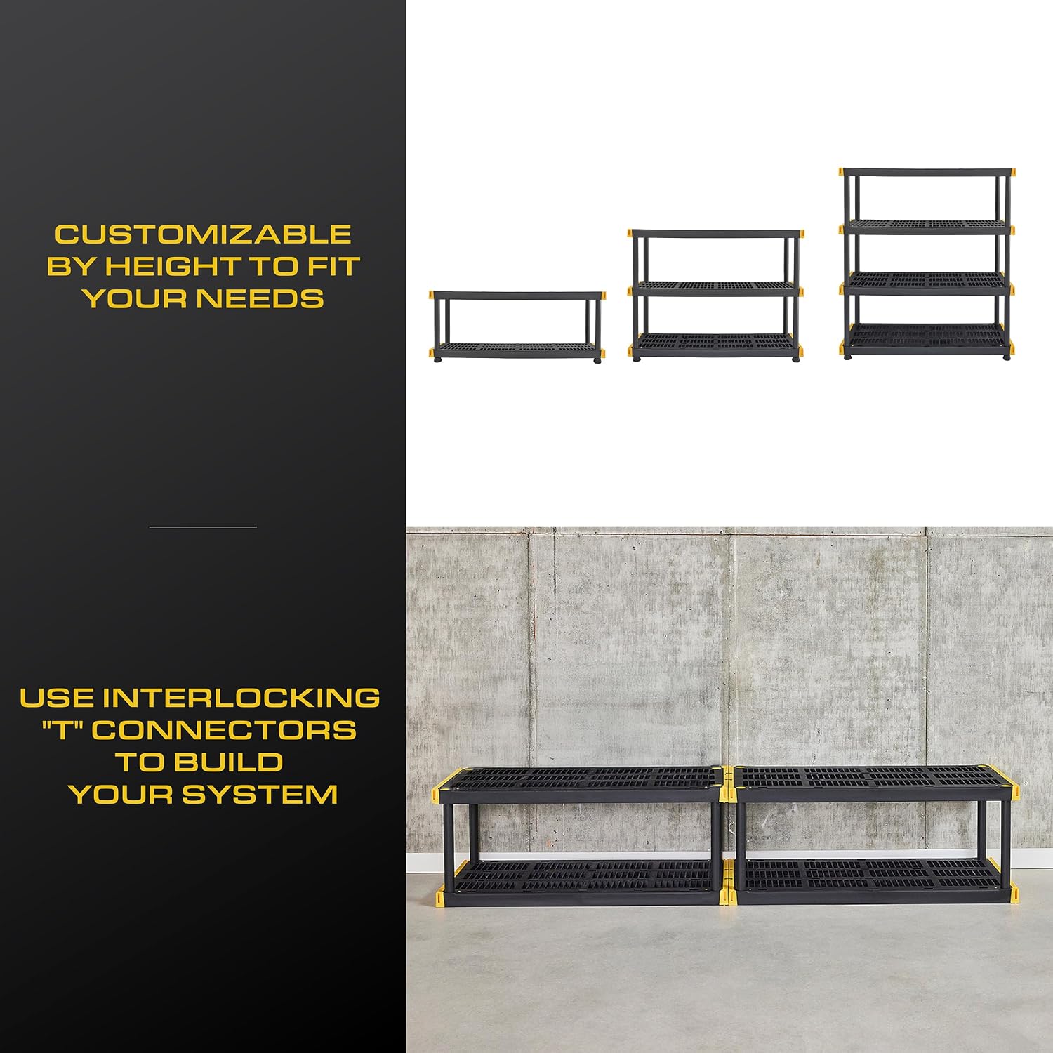 CX Black & Yellow 4-Tier Heavy Duty Storage Shelves and 8 Heavy Duty Storage Bins with Lids, 4 Shelves that Support up to 200lbs/shelf + 27 Gallon Containers (8-Pack), Organization and Storage