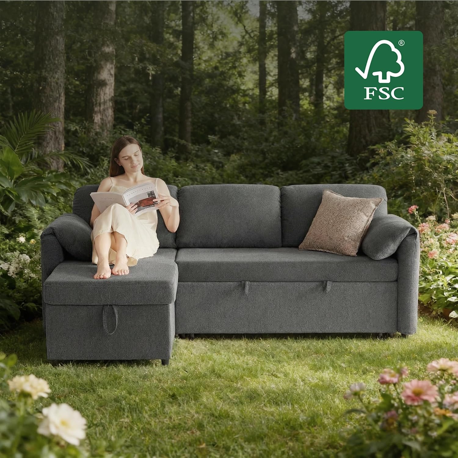 Tbfit 83'' Pull Out Sofa, 3 in 1 Sleeper Sofa Couch with USB & Storage Chaise, Comfy Sofa Bed with Pull Out Bed, Convertible Sleeper Sofas for Living Room, Small Spaces, Dark Gray