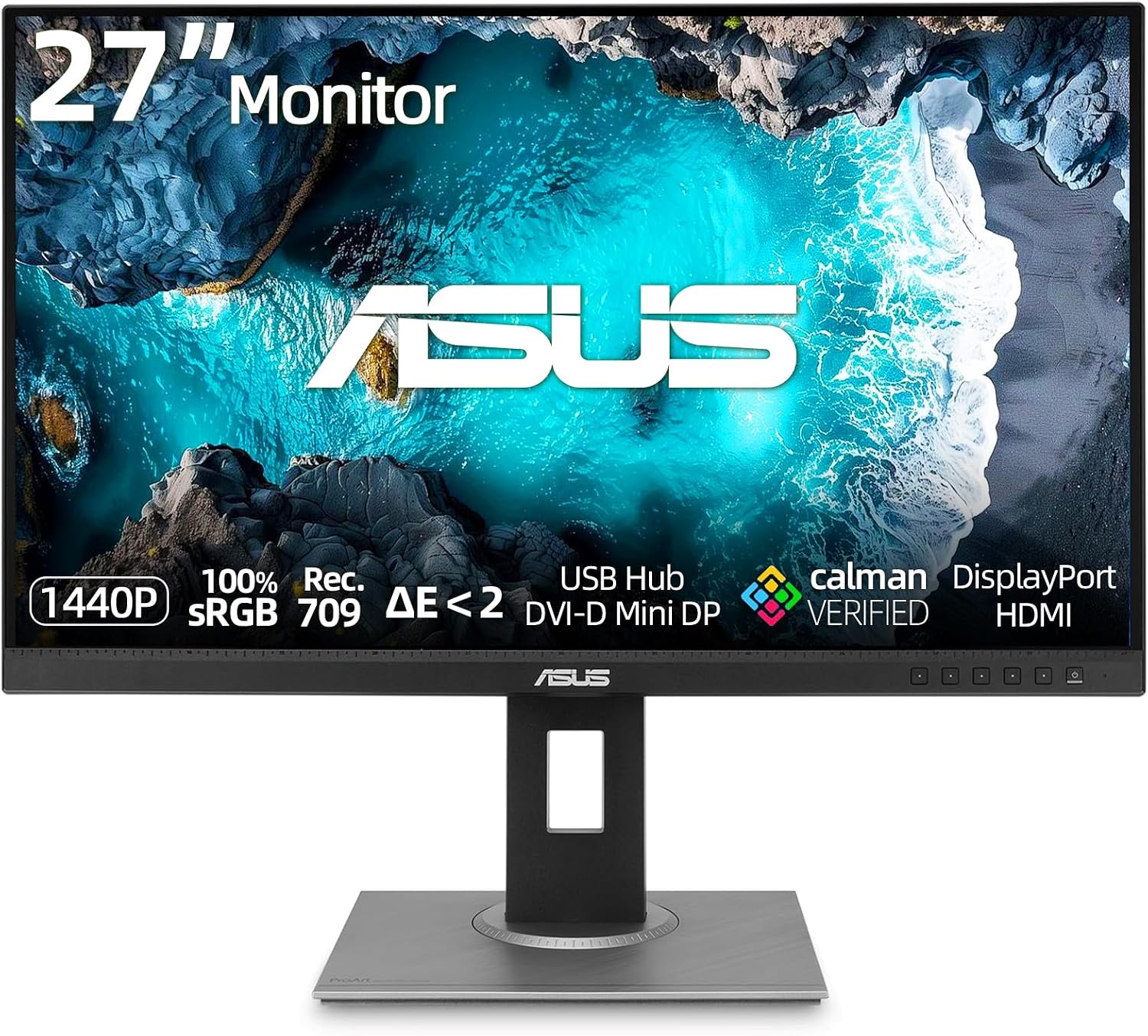 ASUS ProArt 27' QHD Monitor, 1440P IPS Display, 100% sRGB|Rec. 709, Delta E < 2 Color Accuracy, Calman Verified, DP HDMI Mini DP DVI USB Hub, Ergonomic Tilt Swivel Pivot Height Adjustable Stand
