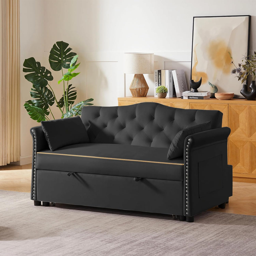 Auvsoce 57'' Convertible Sleeper Sofa Bed with Adjustable Backrest, Chaise Lounge, 2 Pillows & Side Storage Pockets – Stylish & Functional Furniture for Living Room or Small Spaces (Black Sofa Bed)