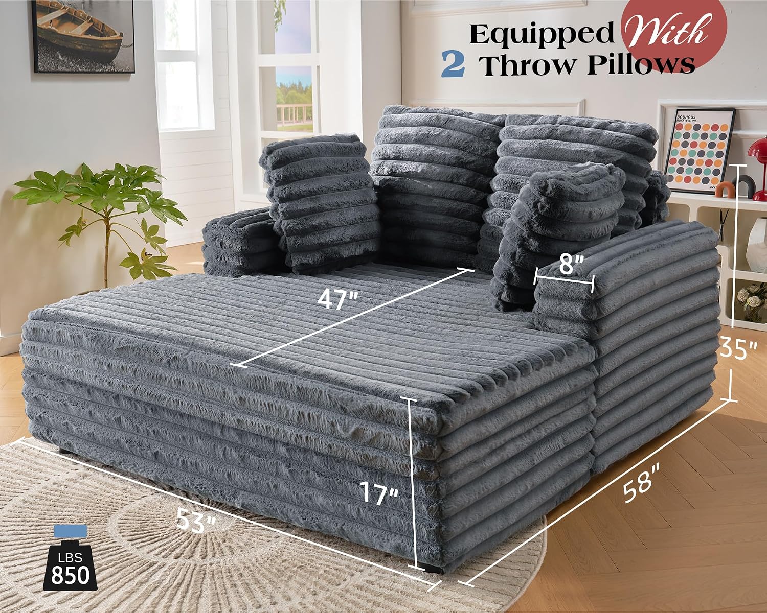 VanAcc 58-Inch Plush Chaise Lounge, Complete with Cozy Throw Pillows, Upholstered Sofa Bed with Armrests, Faux Fur Chair Bed for Living Room, Dark Grey