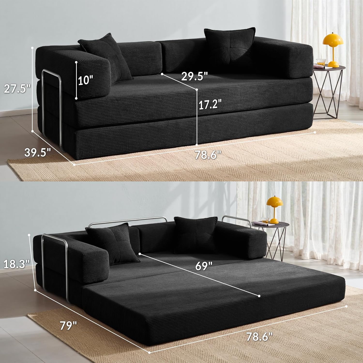 Compression Sofa - 78''Convertible Floor Sofa Bed - with Pillow Back Support Armrest - Comfy Foldable Sofa Bed Compressed Sofa in Box - Corduroy Fabric - for Living Room Bedroom(Black)