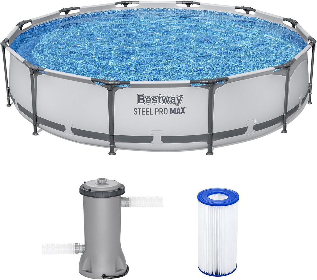 Bestway Steel Pro MAX 12' x 30' Above Ground Pool, Round Metal Frame Outdoor Swimming Pool Set with Filter Pump & Type III A/C Cartridge, Gray