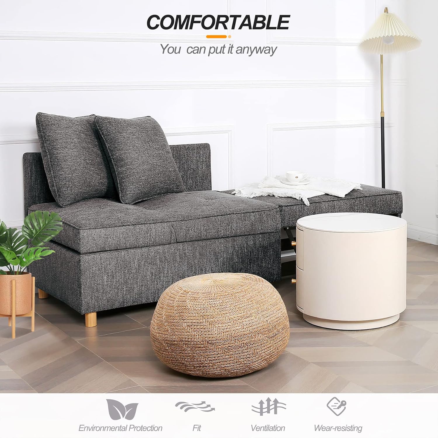 SEJOV Sofa Bed 4-in-1 Convertible Sofas & Couches, 3-Seat Linen Fabric loveseat Sofa with 2 Throw Pillow, Single Recliner for Small Space with 5 Adjustable Backrest, Dark Grey