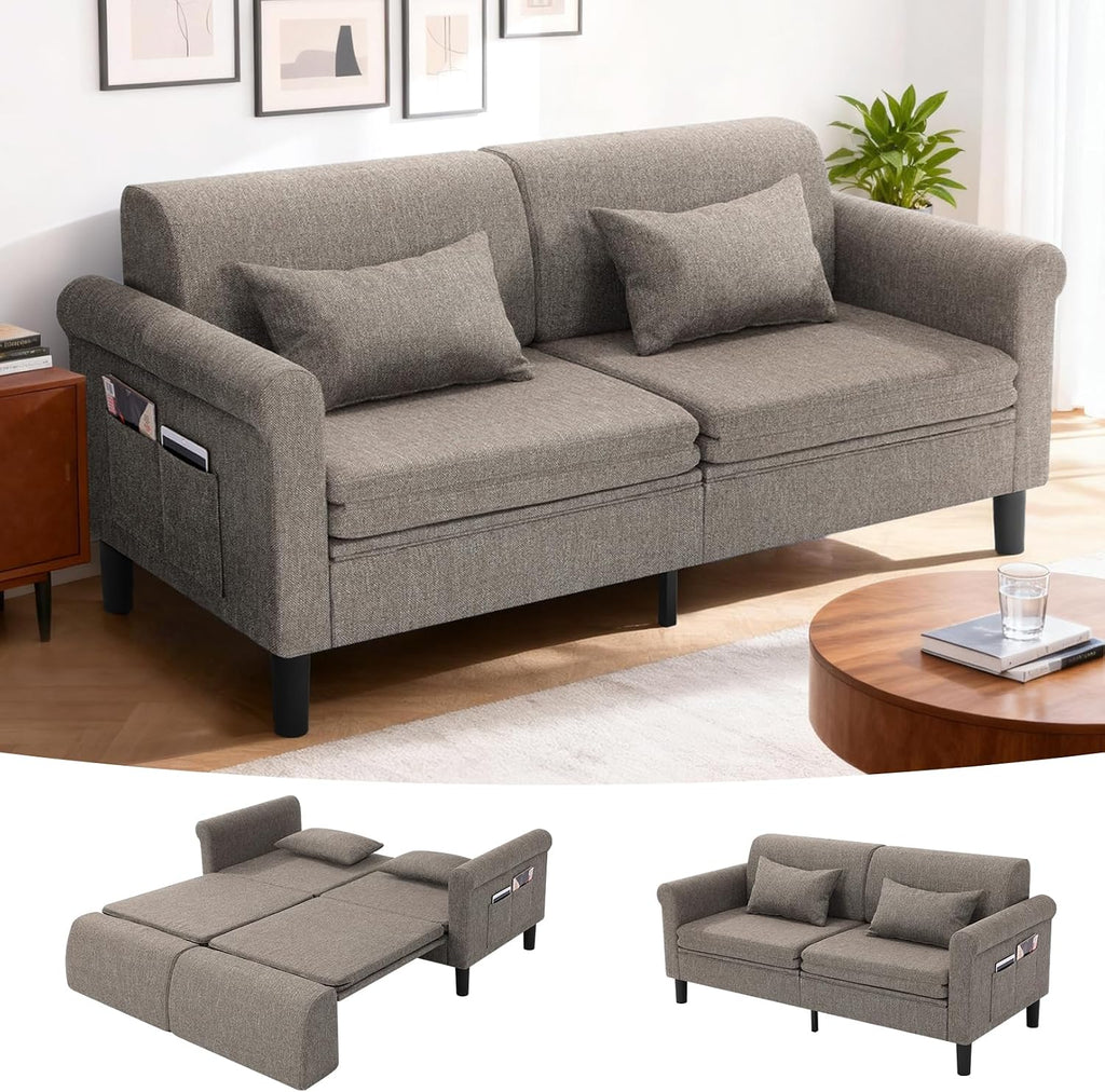 SEJOV 74' Convertible Sofa Bed, 5-in-1 Loveseat Sleeper Sofas with Pull Out Couch Bed, Storage Pockets & 2 Pillows, Modern Folding Linen Futon Couch for Living Room, Bedroom, Small Space, Brown
