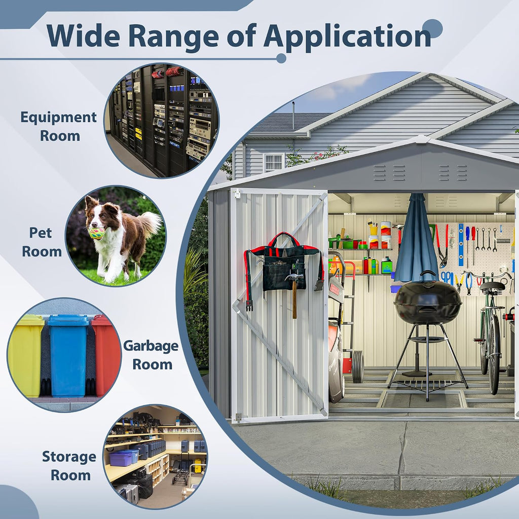 10x8 FT Outdoor Storage Shed with Lockable Double Doors, Aluminum Frame, Weatherproof with Frame Floor, Metal Tool Shed for Garden, Backyard, Patio, and Equipment Storage