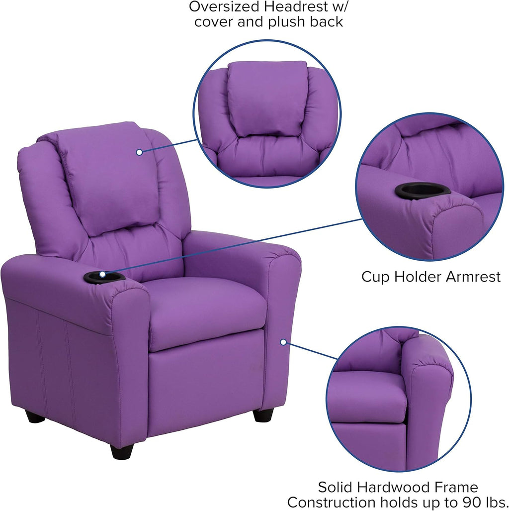 EMMA + OLIVER Lavender Vinyl Kids Recliner with Cup Holder and Headrest